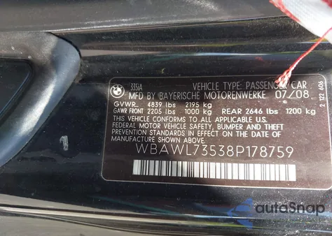 2008 BMW 335I z USA, uszkodzony, nr VIN WBAWL73538P178759